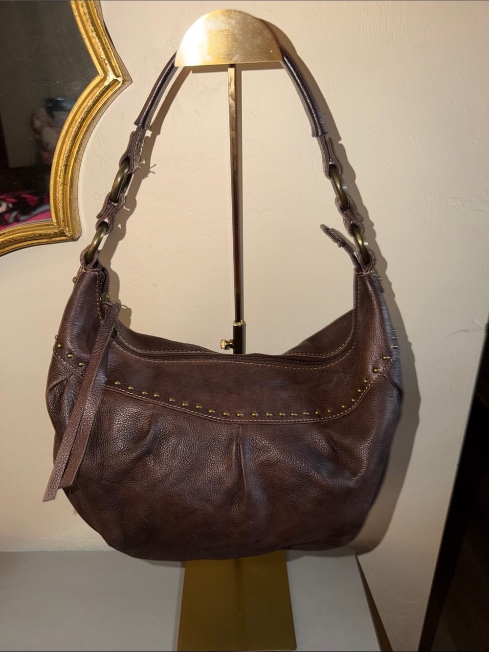 Fossil Dark Brown Pebbled Leather Shoulder Bag with Stud Accents